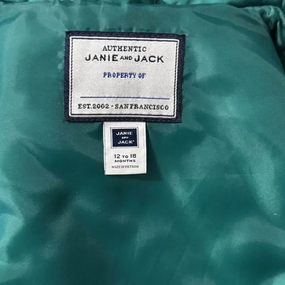 Janie & Jack Quilted Green Sleeveless Puffer Vest Snap Buttons & Pockets 12-18 m